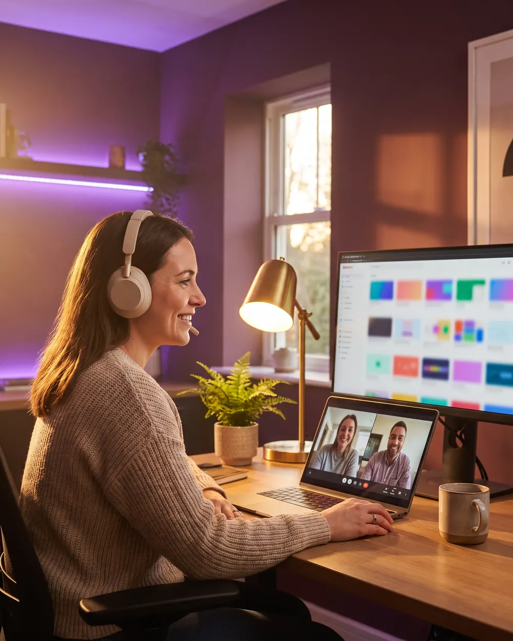Illustrative image: account manager smiling on a video call at her desk
