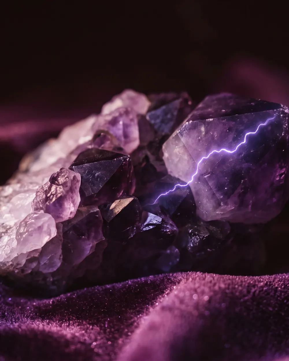 Amethyst crystal with a thin violet line of light