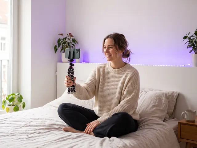 Illustrative image: creator filming herself on the bed with her phone